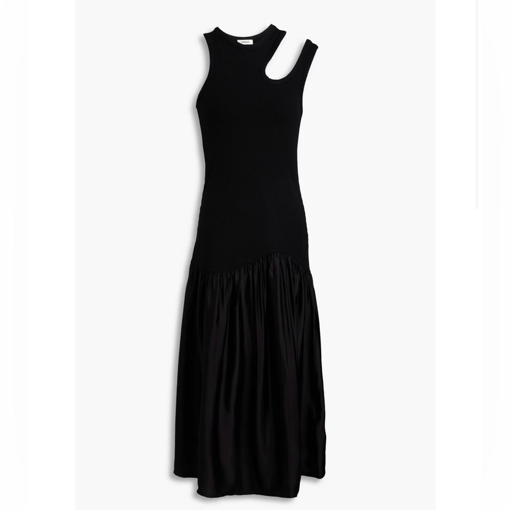 Sandro Black Sleeveless Midi Dress with Gathered Skirt